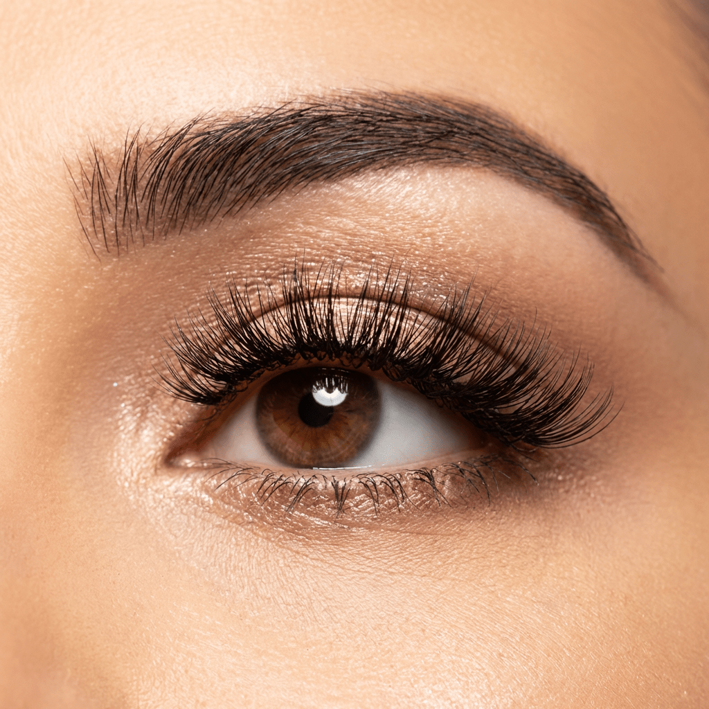 Close-up of a brown eye with long false eyelashes and shimmering rose gold eyeshadow.