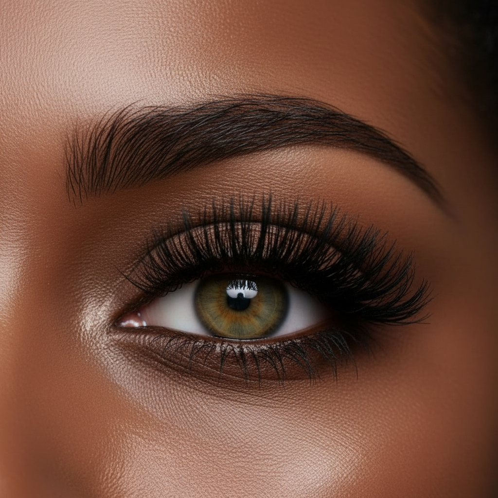 Close-up of one eye of an African American woman with beautifully defined eyelashes and a darker, rich brown skin tone, studio beauty photography, high detail, soft lighting