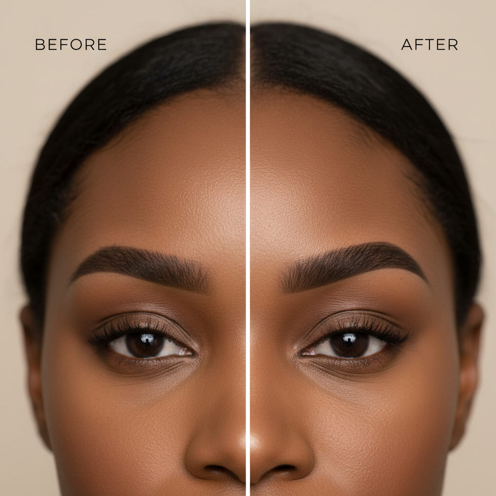 Close-up, square image showing an eyebrow transformation on the same African American woman: on the left side, her eyebrow appears sparse, lightly shaped, and clearly not fully done; on the right side, her eyebrow looks fully done with a defined shape, crisp outline, and filled-in hairs, creating a dramatic before-and-after comparison for a beauty service website. Clean, professional beauty photography style.