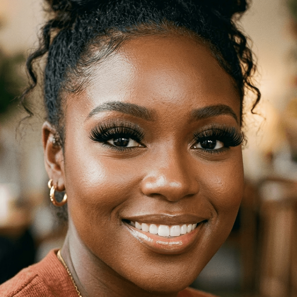 Smiling woman with curly hair in bun wearing rust-colored top in café
